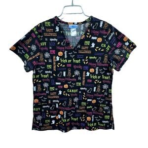 SB SCRUBS Womens Medium Black Halloween Print V Neck Medical Scrub Top